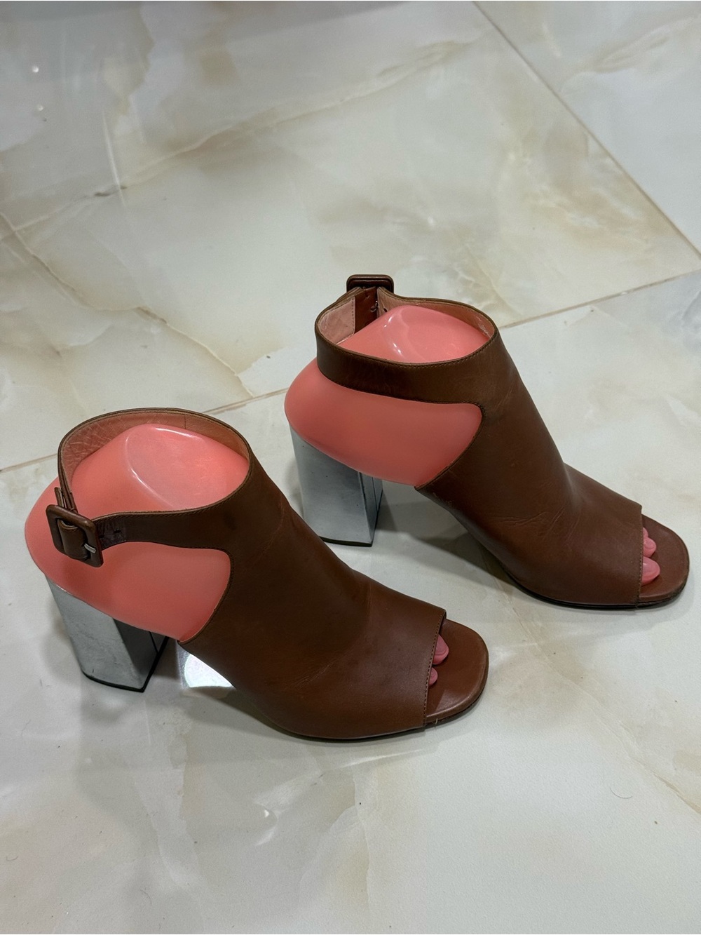 Prada Brown Leather Open-Toe Heels with Pink Accents